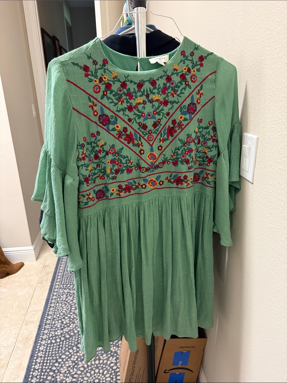 Embroidered Sage Green Boho Dress